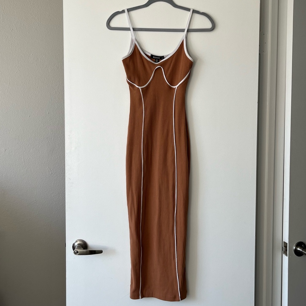 Missguided Camel Ribbed Bodycon Midi Dress